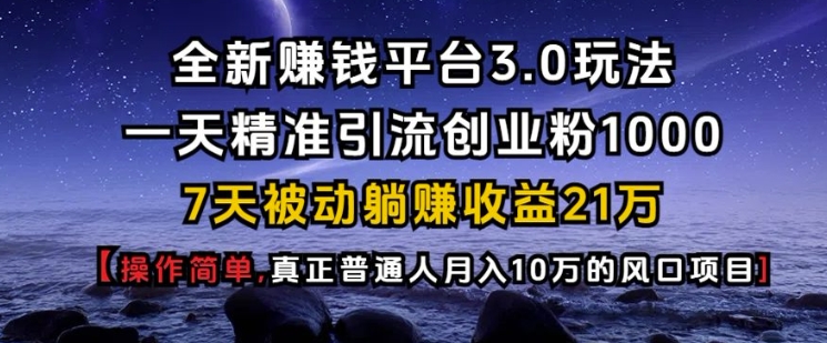 全新赚钱平台3.0玩法一天精准引流创业粉1000.7天被动躺Z收益21W【仅揭秘】-小哈资源