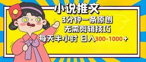 小说推文6.0，简单无脑，3分钟一个原创作品，每天半小时，日入300-1000...-小哈资源