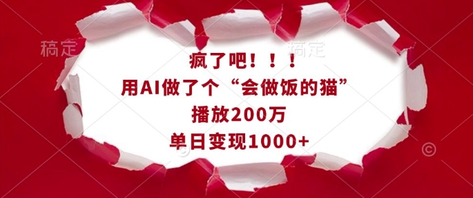 疯了吧！用AI做了个“会做饭的猫”，播放200万，单日变现1k-小哈资源