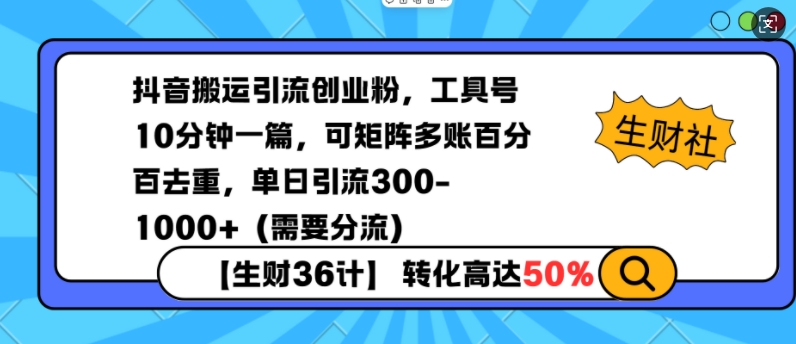 抖音搬运引流创业粉,工具号10分钟一篇,可矩阵多账百分百去重,单日引流300+(需要分流)-小哈资源