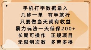 手机打字数据录入，几秒一单，有手就行，只要做当天就有收益，暴力玩法一天低保2张-小哈资源