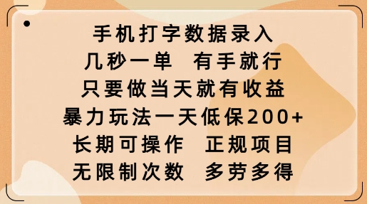 手机打字数据录入，几秒一单，有手就行，只要做当天就有收益，暴力玩法一天低保2张-小哈资源