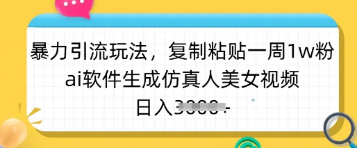 暴力引流玩法，复制粘贴一周1w粉，ai软件生成仿真人美女视频，日入多张-小哈资源