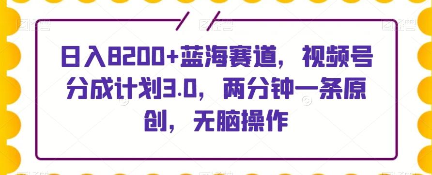 日入8200+蓝海赛道，视频号分成计划3.0，两分钟一条原创，无脑操作-小哈资源