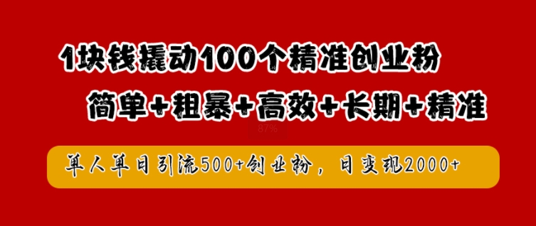 1块钱撬动100个精准创业粉，简单粗暴高效长期精准，单人单日引流500+创业粉，日变现2k【揭秘】-小哈资源