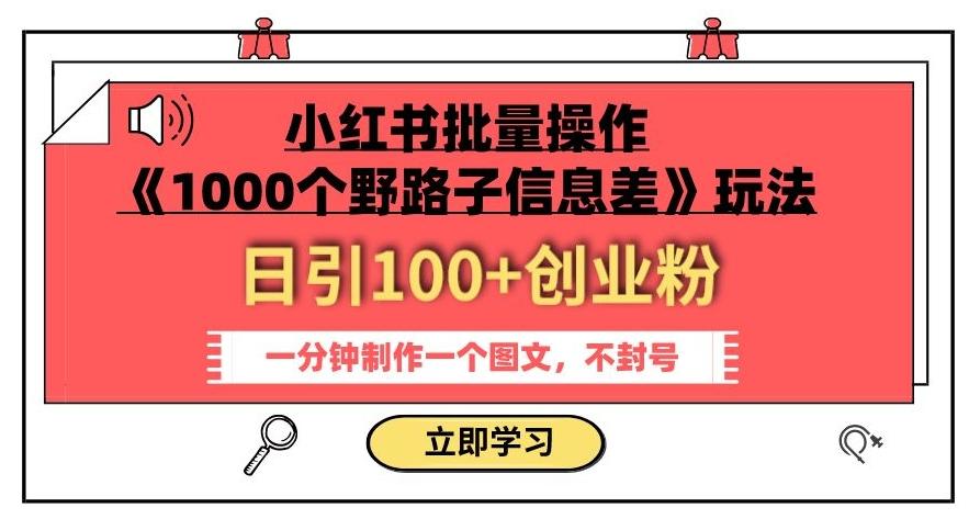 小红书批量操作《1000个野路子信息差》玩法，一分钟制作一个图文，不封号，日引100+创业粉-小哈资源