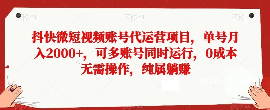 抖快微短视频账号代运营项目，单号月入2000+，可多账号同时运行，0成本无需操作，纯属躺赚【揭秘】-小哈资源