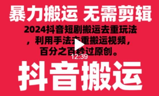 2024最新抖音搬运技术，抖音短剧视频去重，手法搬运，利用工具去重，达到秒过原创的效果【揭秘】-小哈资源
