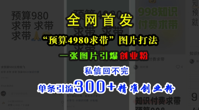小红书“预算4980带我飞”图片打法，一张图片引爆创业粉，私信回不完，单条引流300+精准创业粉-小哈资源
