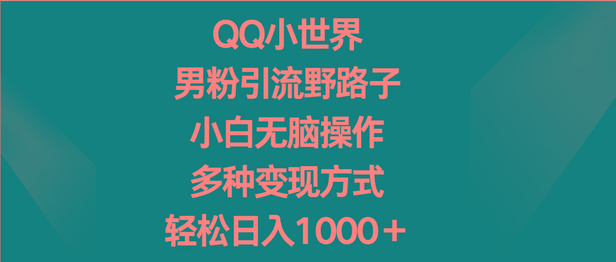 QQ小世界男粉引流野路子，小白无脑操作，多种变现方式轻松日入1000＋-小哈资源