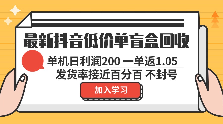 最新抖音低价单盲盒回收 一单1.05 单机日利润200 纯绿色不封号-小哈资源