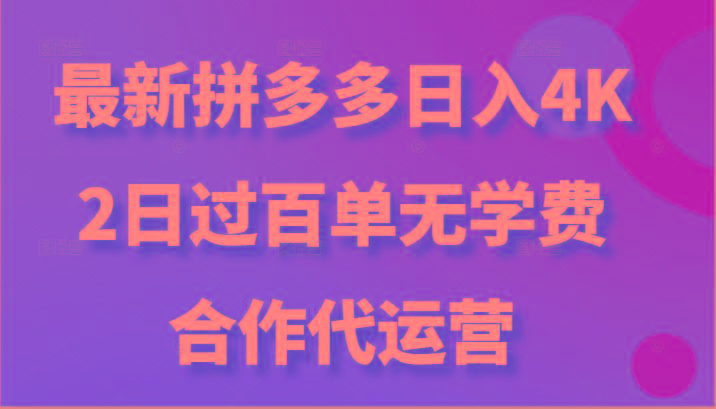 最新拼多多，日入4K+，2日过百单无学费，合作代运营-小哈资源