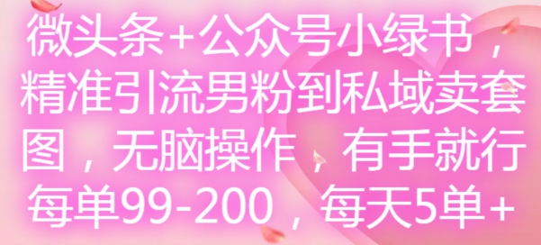 微头条+公众号小绿书，精准引流男粉到私域卖套图，无脑操作，有手就行，每单99-200，每天5单-小哈资源